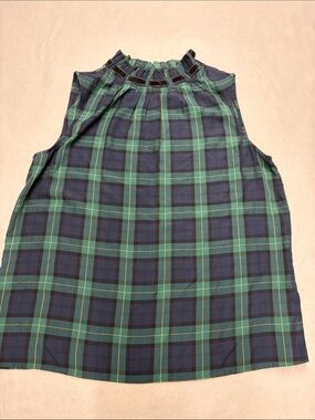 Talbots Navy/Green plaid mock-neck velvet rhinestone L